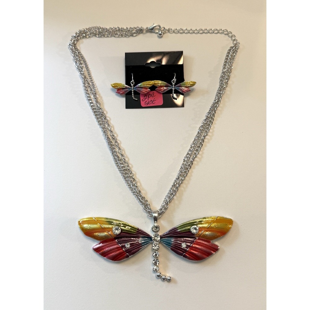 Multi Color Dragon Fly Necklace and Earrings Set Fashion Jewelry Enamel Rainbow